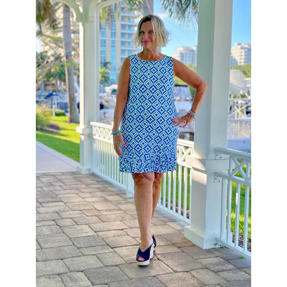 Lulu B Sleeveless Ruffle Dress Geometric Print Blue White Yellow Size L